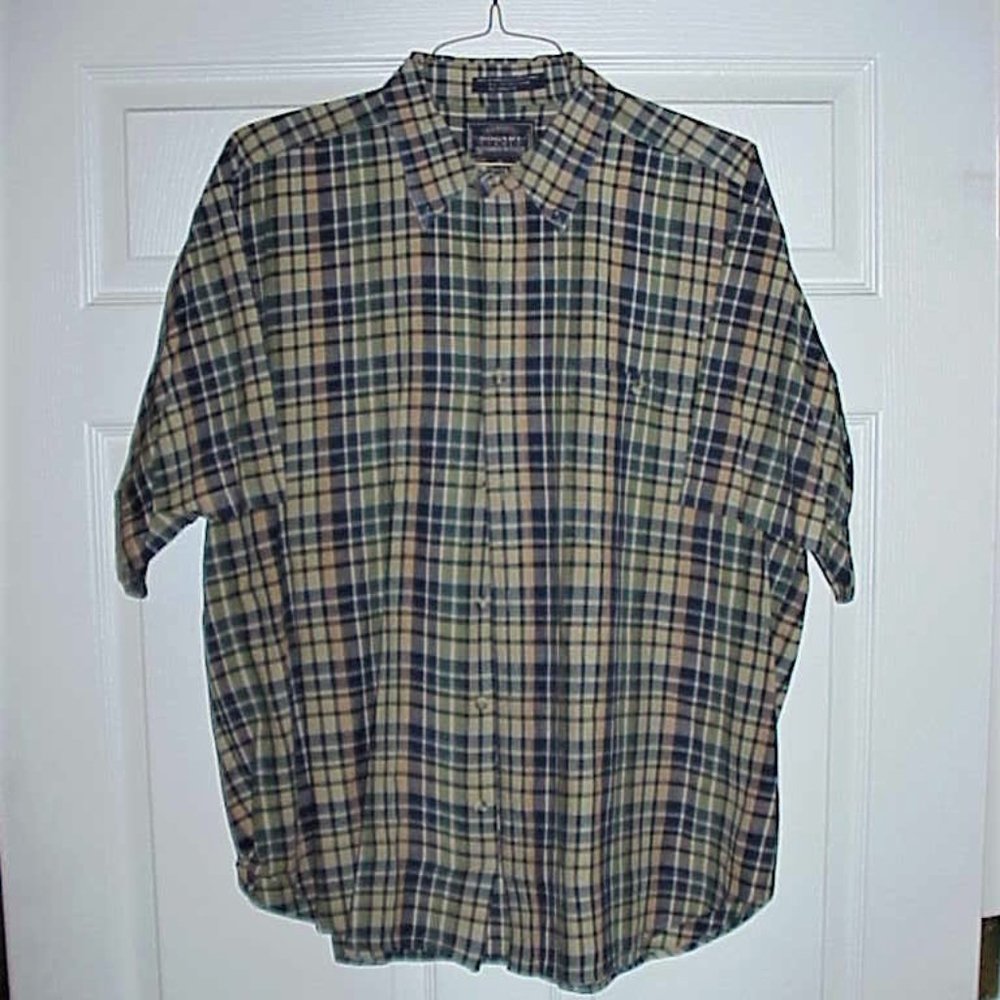 BOGARI, XL, MEN'S, TAN & BLUE, PRE-OWNED, LAUNDERED, GENTLY WORN, S.S. SHIRT